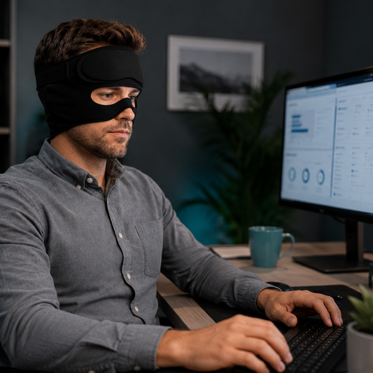 Man wearing the Neurosoothe cooling relief cap at his desk during a workday